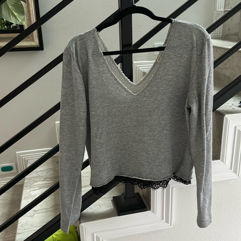 grey sweater , lace design on bottom, size large, TRULY MADLY DEEPLY brand